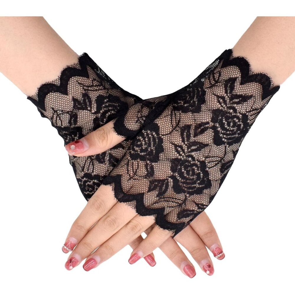 Women's Short St123-Black Lace Open Half Finger Gloves Wedding Party Prom